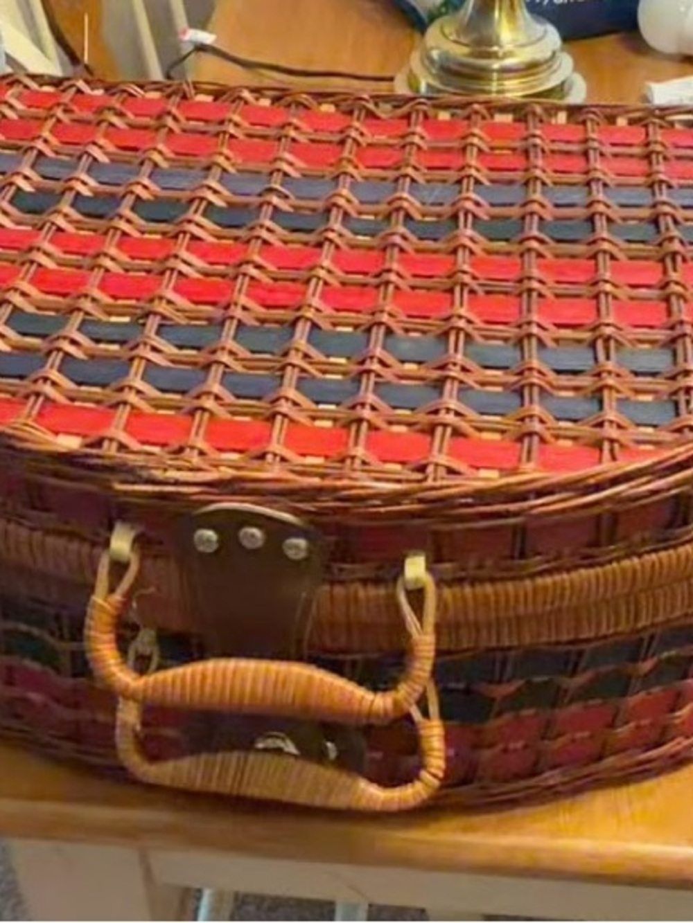Woven Rattan Picnic Basket Handbag in Brown and Red